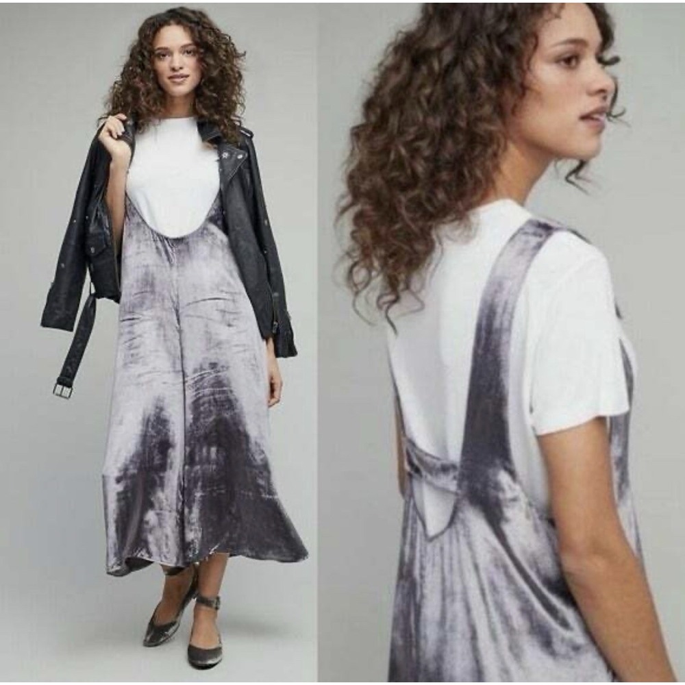 Maeve Anthropologie Crushed Velvet Overalls Monique Size M Cropped Silver Boho